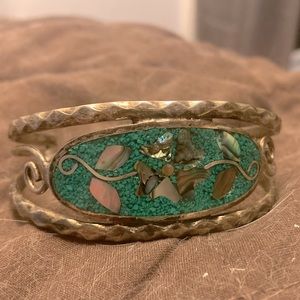 Vintage Mexican alpaca cuff bracelet with turquoise chip abalone mother of pearl